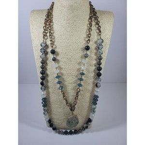 Chico's Duo Chain Teal Stone Gold Tone Statement Necklace Heavy Faceted EUC